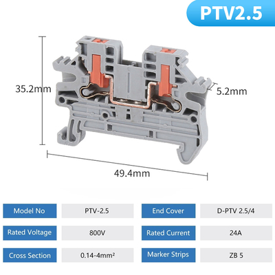 PTV 2.5 Seiteneingangs-Push-in-Verbindung Federklemme DIN Bahnterminal Blöcke Set 24A 800V