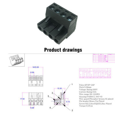 verstopfen steckbare Schraubklemme-Klemmenblöcke 5.08mm Neigung PWBs + rechtwinkliges Pin Header Black