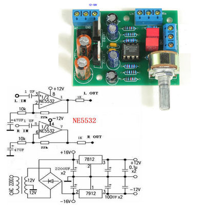 Des Vorverstärker-NE5532 ausbruch-Brett 12-18V Tone Board-Verstärker-der Ausrüstungs-3.5mm RCA Terminaldc