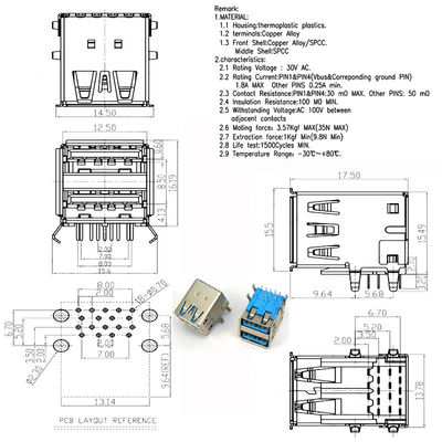 Einzelnes oder Doppel-Port USB 3,0 Art a-Flanschdose-Jack PWB-Leiterplatten-Verbinder für Laptop-Notebook